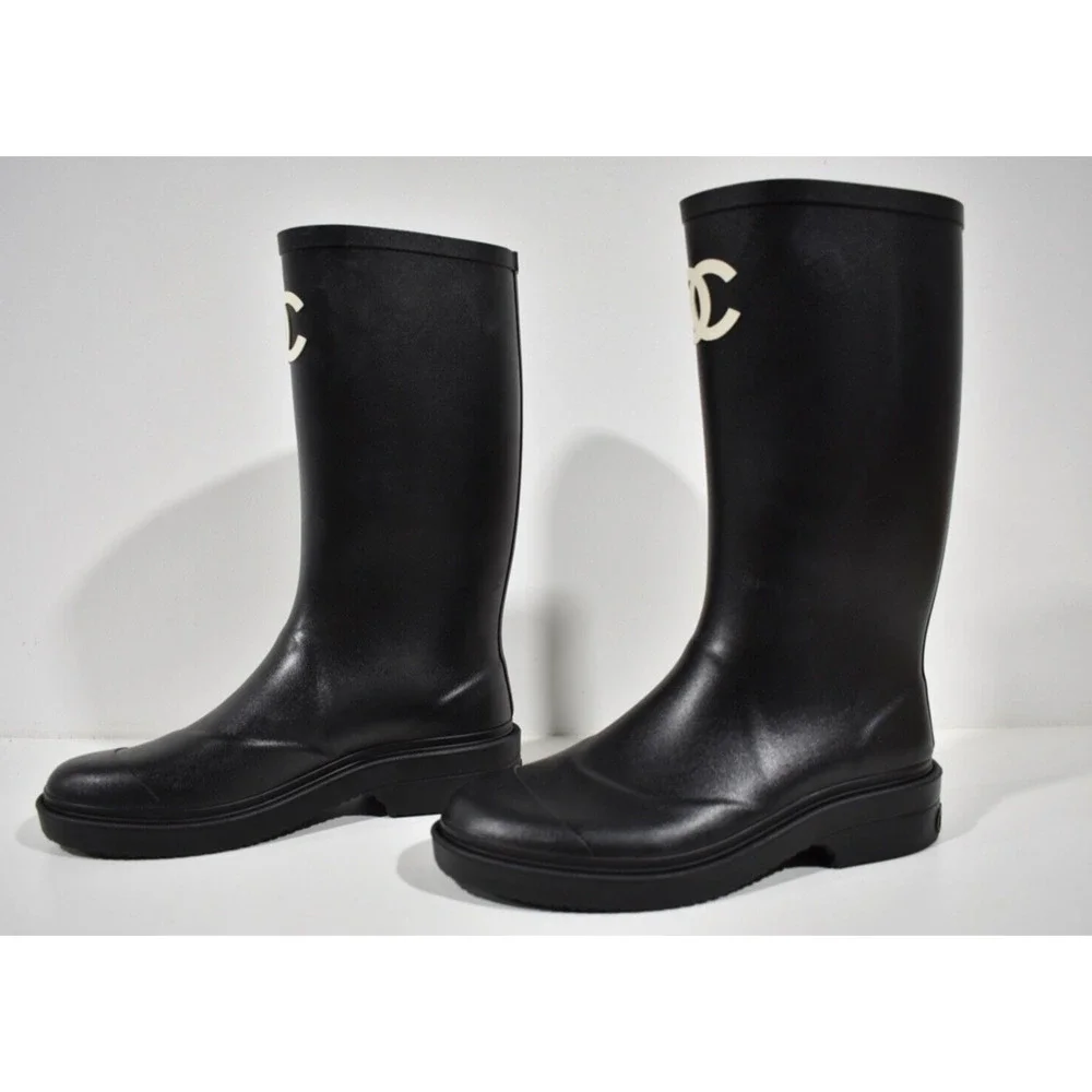 Chanel REV Black White Caoutchouc CC Logo High Pull On Rubber Rain Boots 39 - Picture 10 of 12